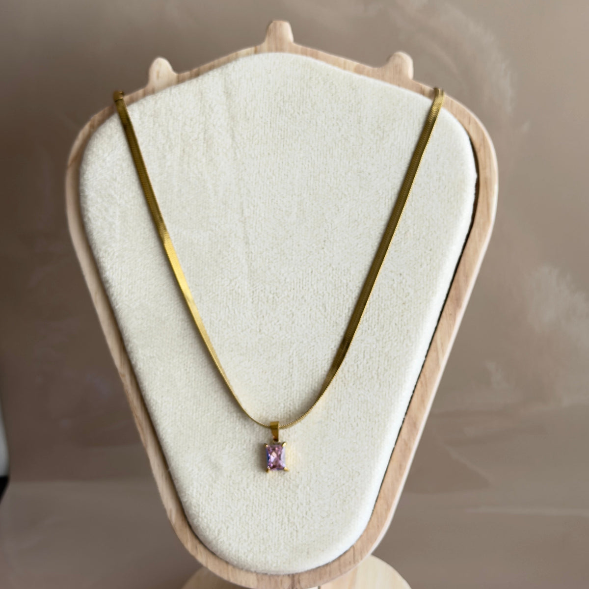 Gold Herringbone Chain Necklace with Pink Solitaire Pendant