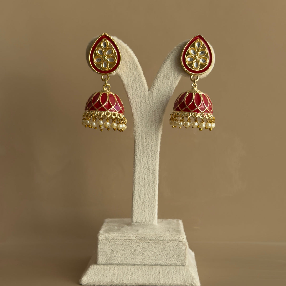 Red Kundan Jhumka Earrings with Pearl Drops