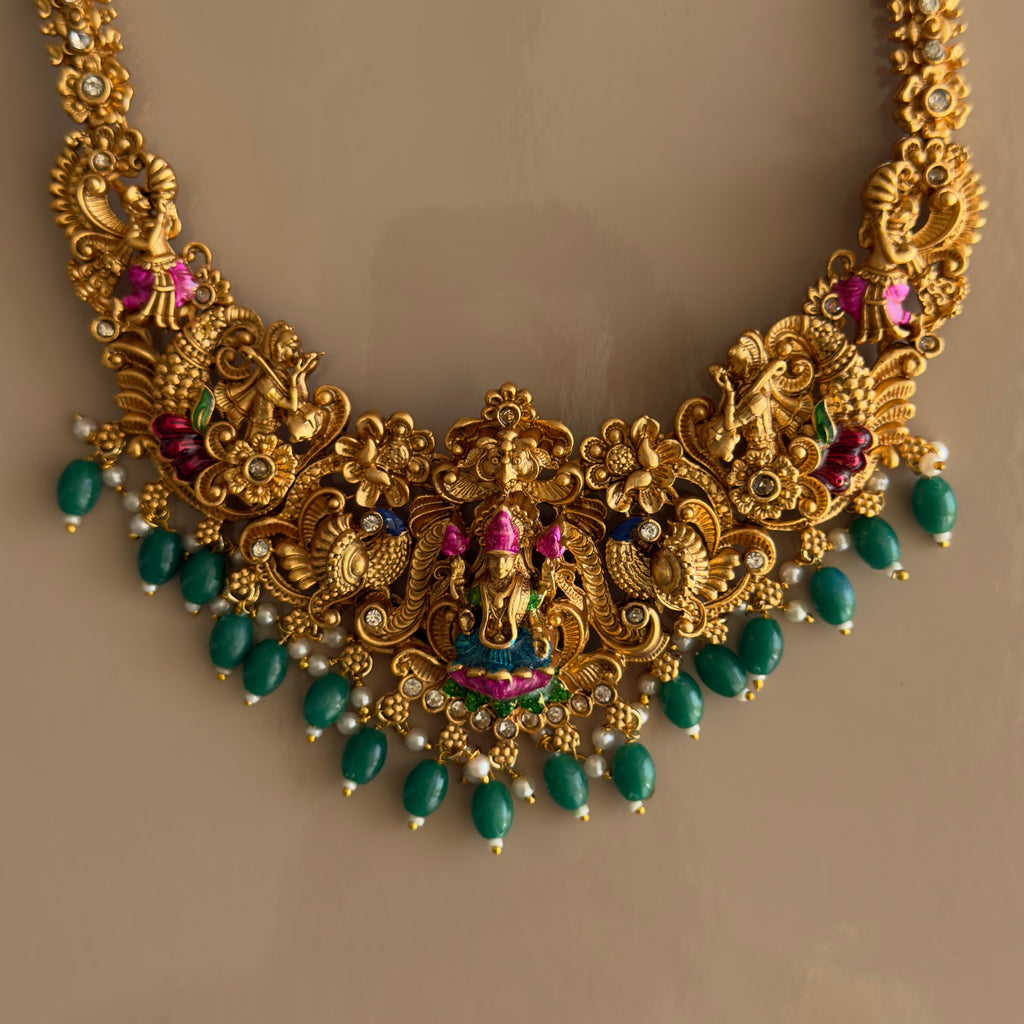 Lakshmi Temple Jhumka Necklace Set with Emerald Green Beads