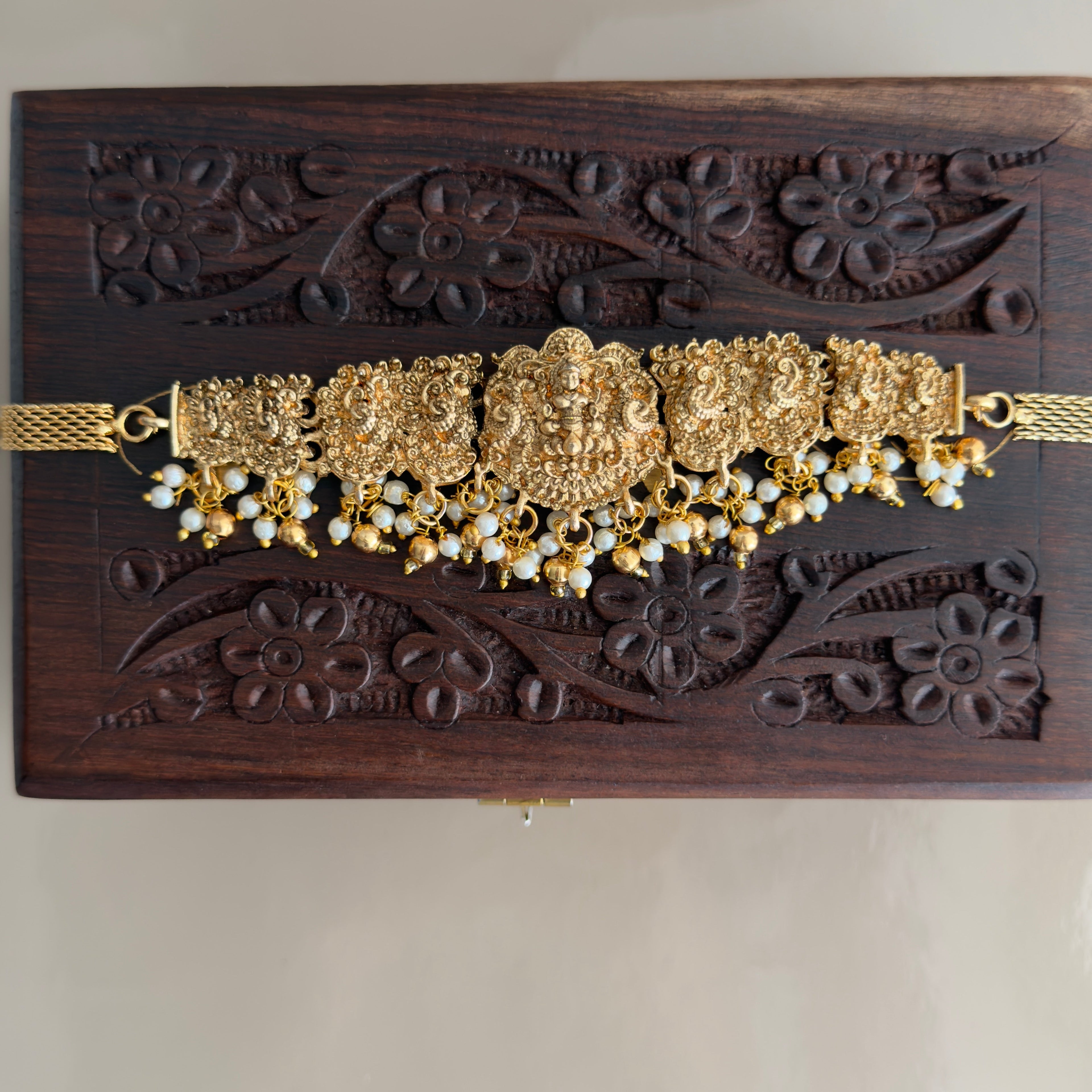 Lakshmi Nakshi Choker Necklace & Jhumka Earrings Set with Pearl Drops