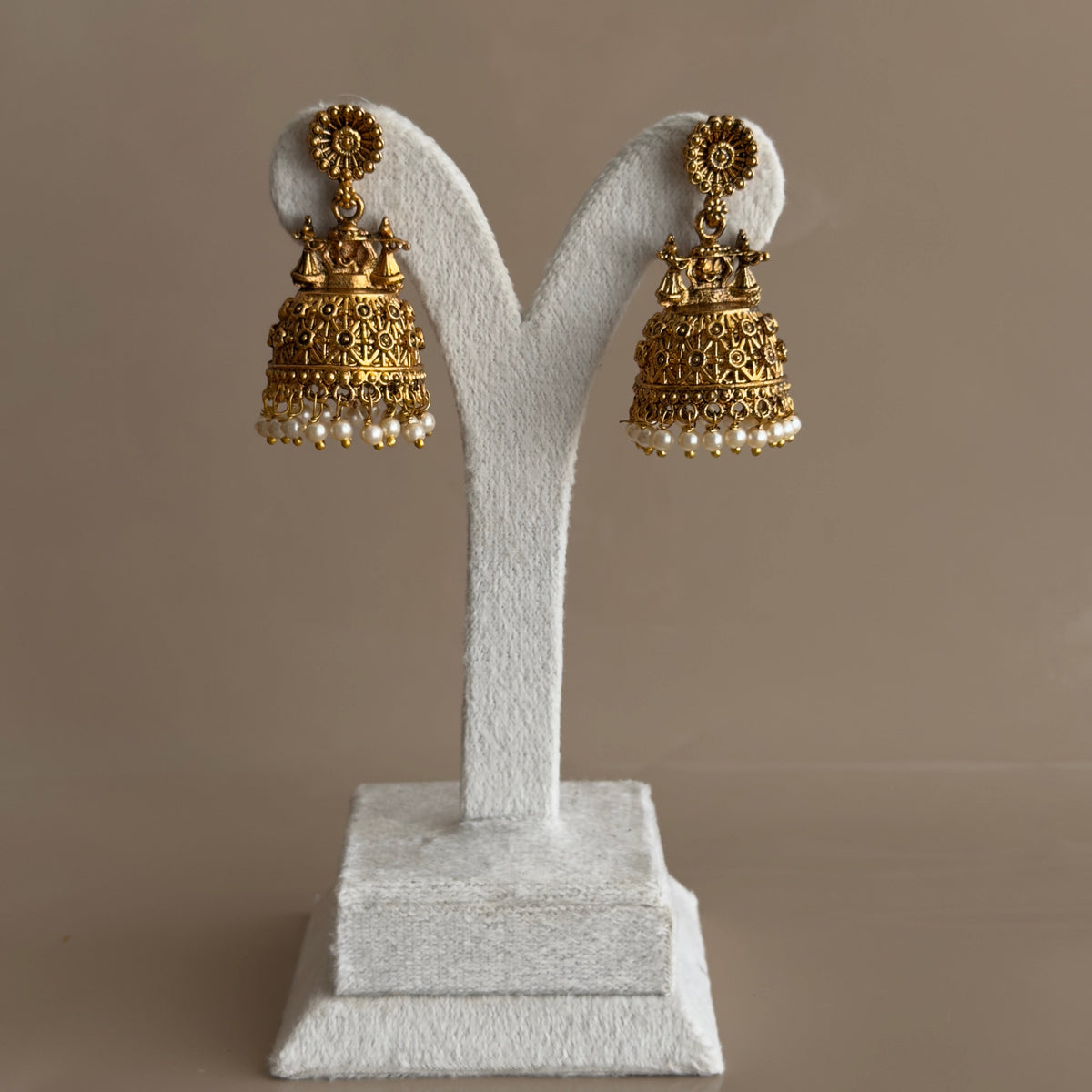 Antique Gold Temple Jhumka Earrings with Pearl Drops