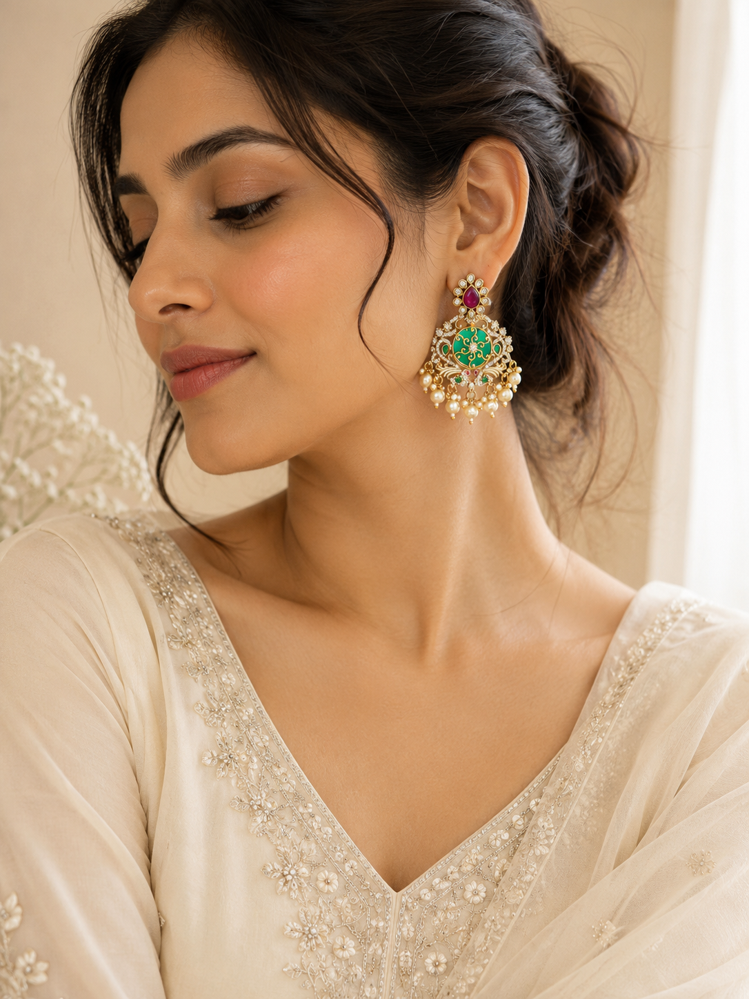 Emerald Chandbali Earrings with Ruby & Pearl Drops