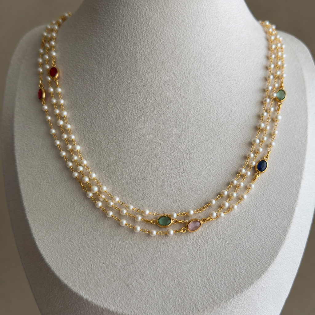 Triple Layered Pearl with Multicolour Stone Necklace