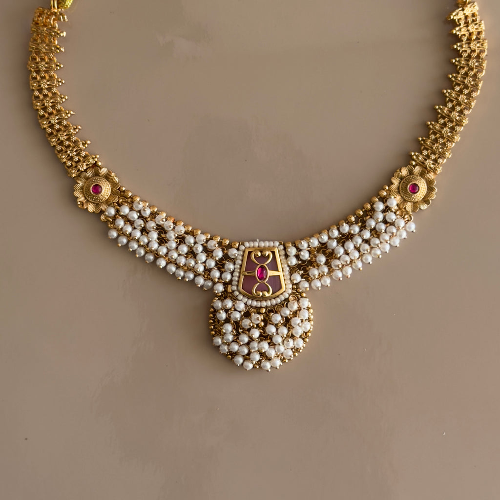 Pearl & Ruby Meenakari Necklace Set with Earrings