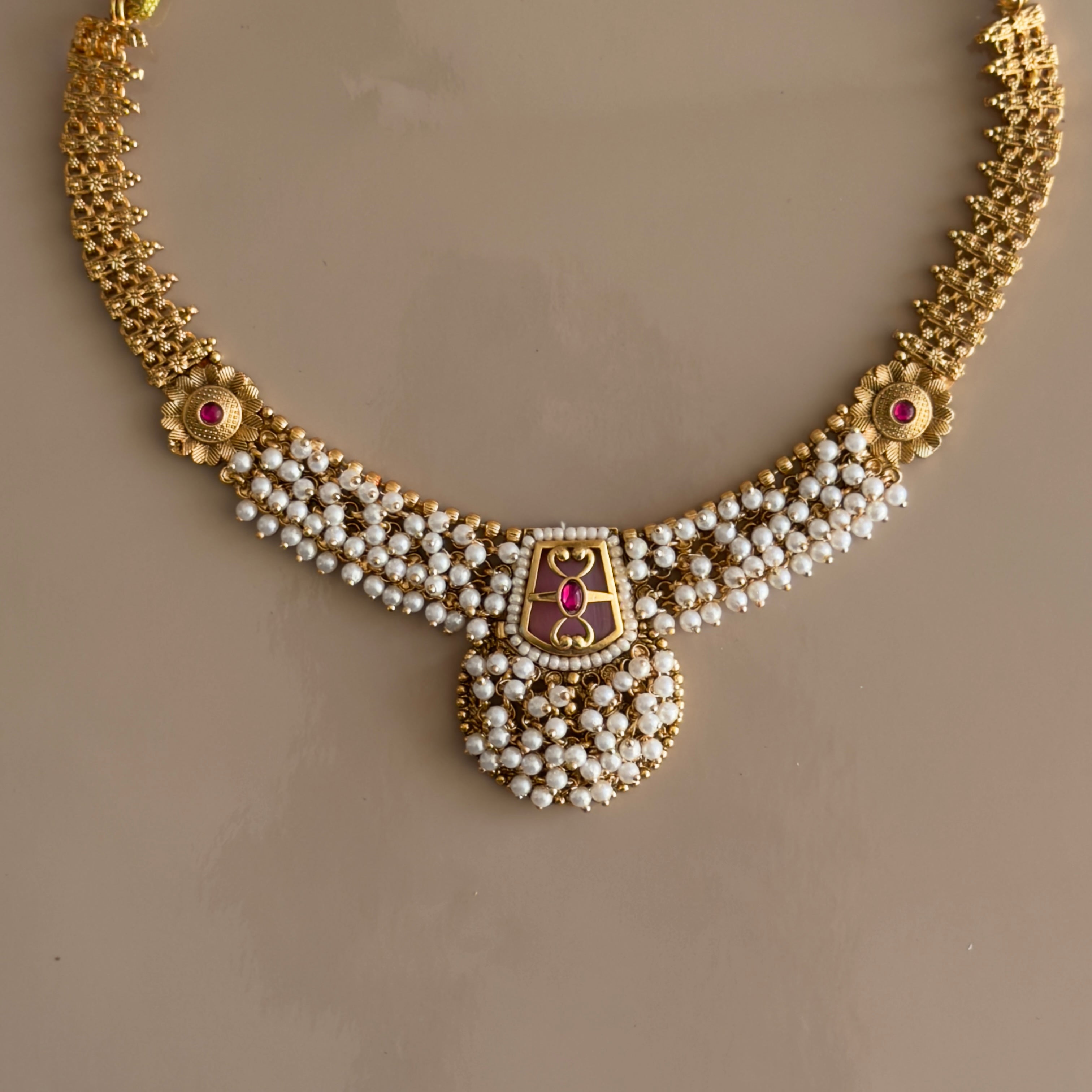 Pearl & Ruby Meenakari Necklace Set with Earrings