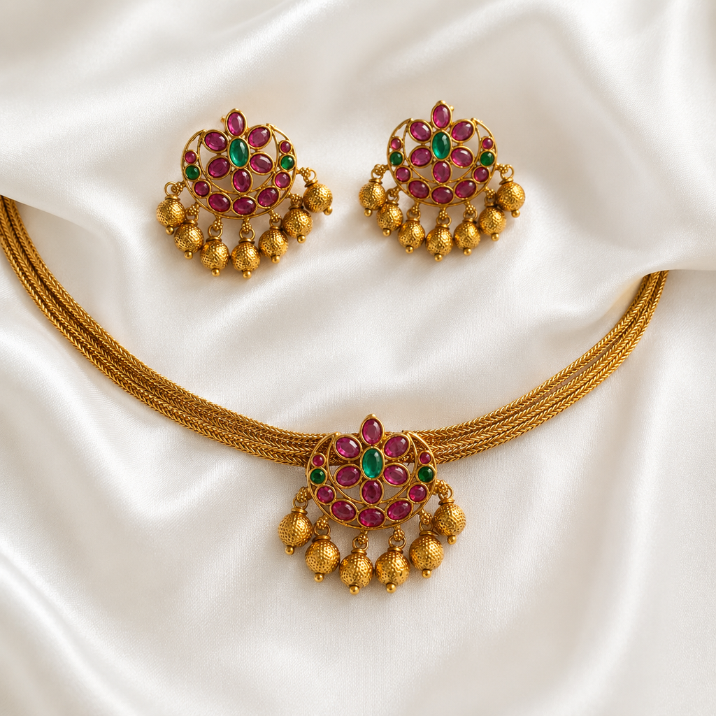 Ruby Emerald Chandbali Necklace Set with Earrings