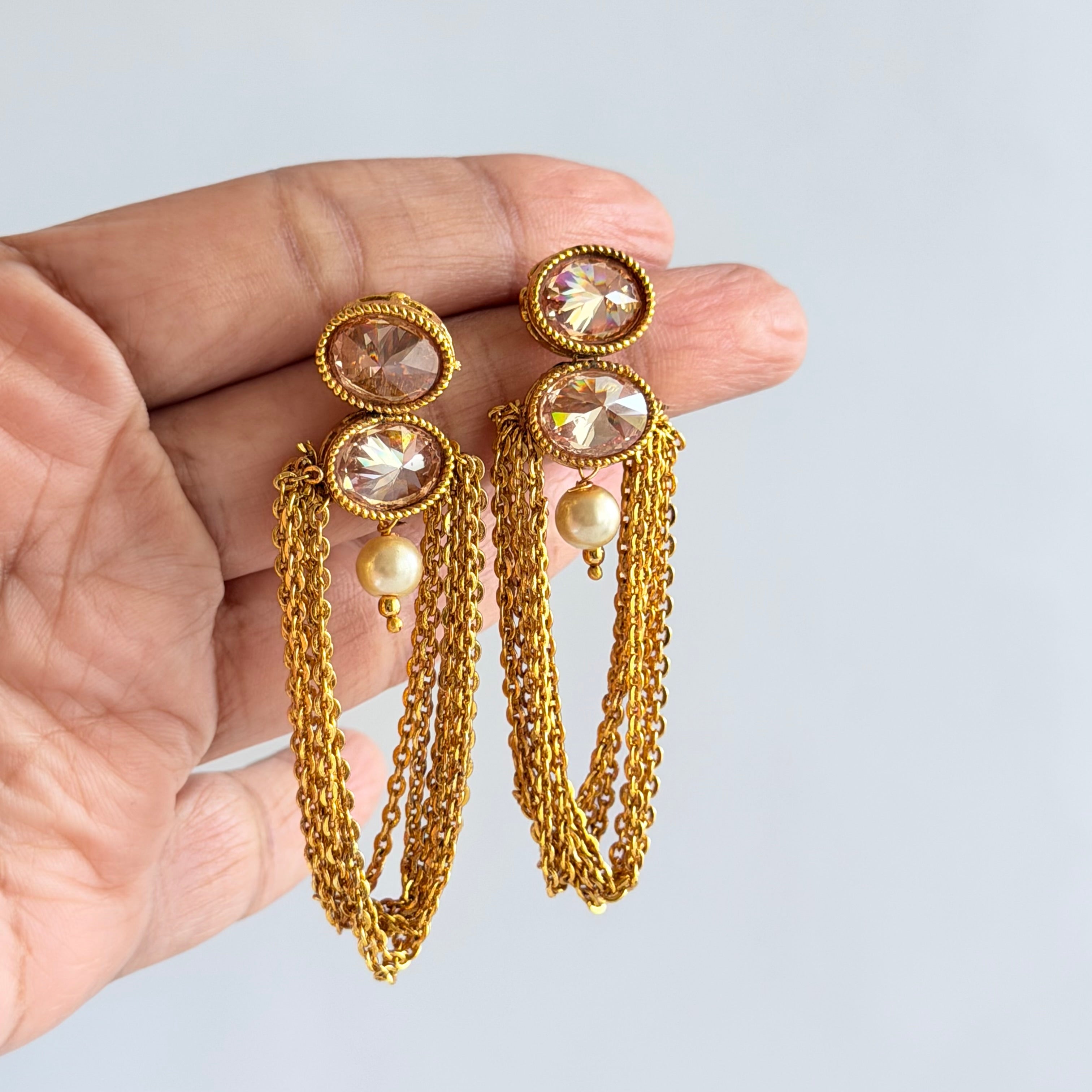 Crystal Pearl Gold Tassel Earrings