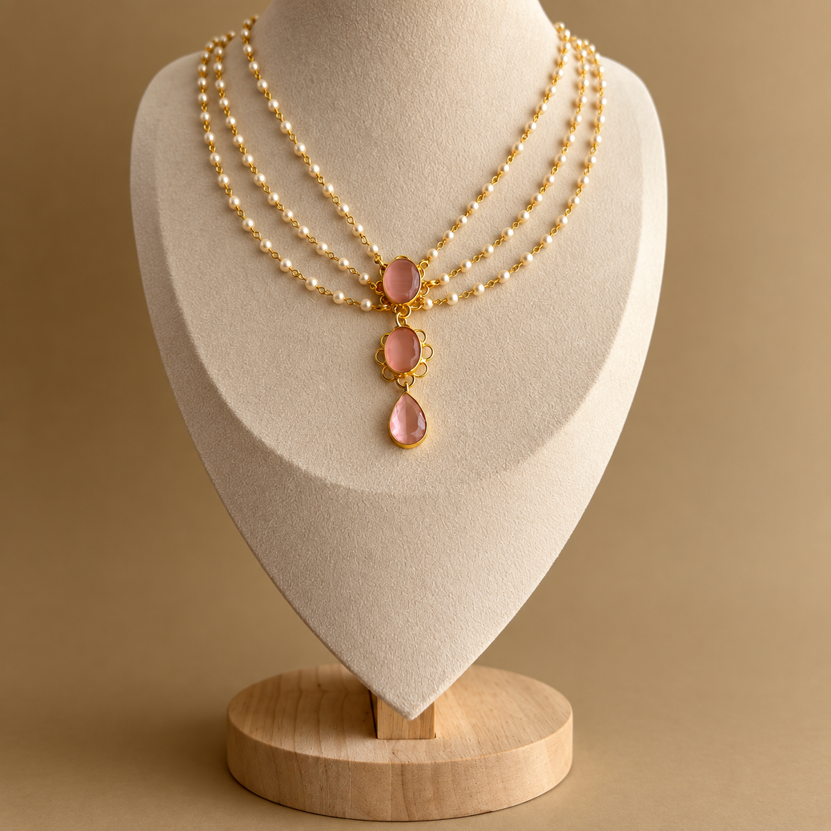 Triple Strand Pearl Necklace with Baby Pink Pendant