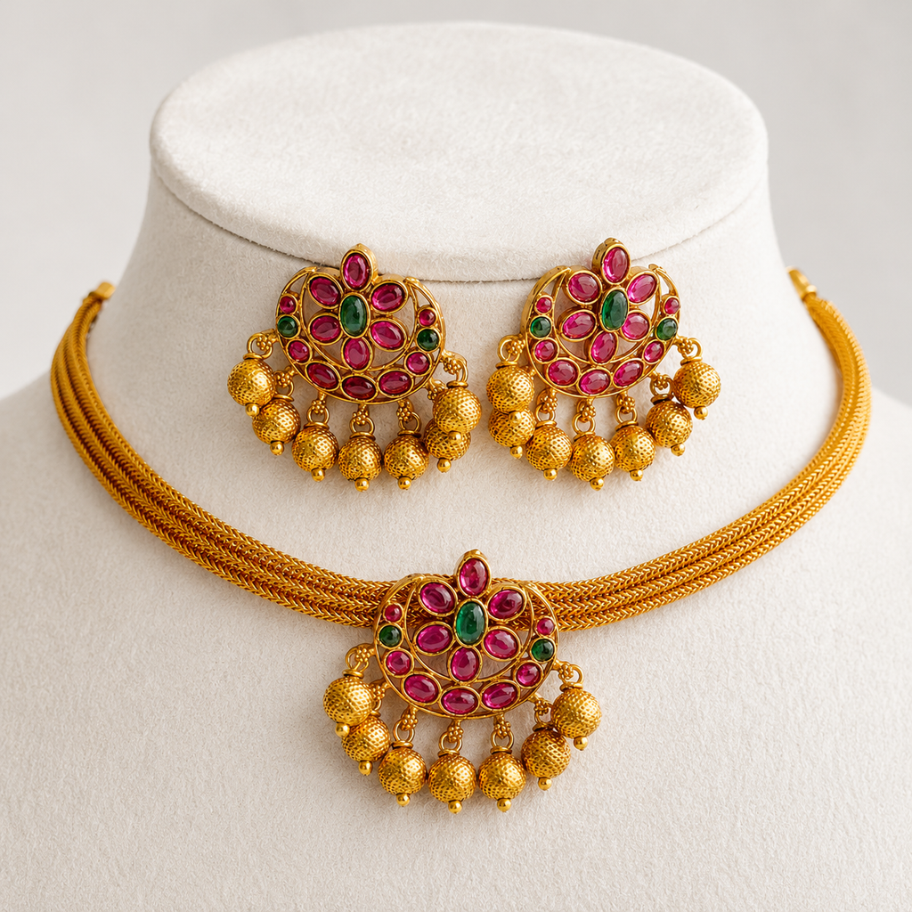 Ruby Emerald Chandbali Necklace Set with Earrings