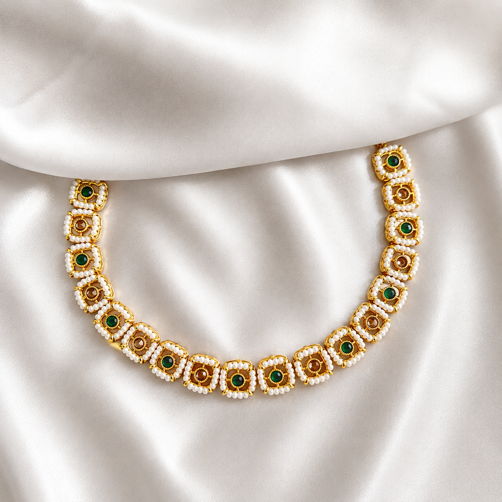 Pearl Square Motif Necklace Set with Jhumka Earrings
