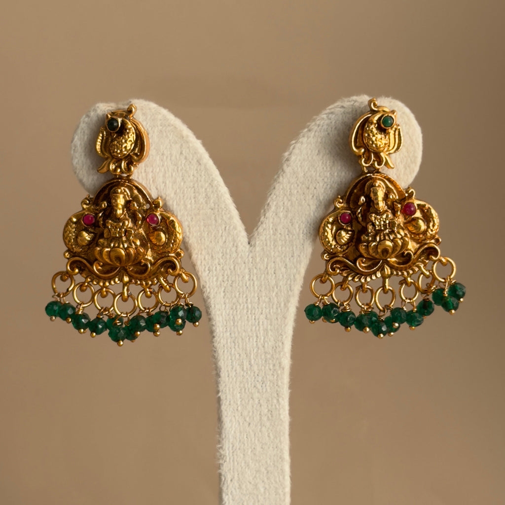Lakshmi Peacock Nakshi Temple Necklace & Jhumka Earrings Set with Emerald Bead Drops