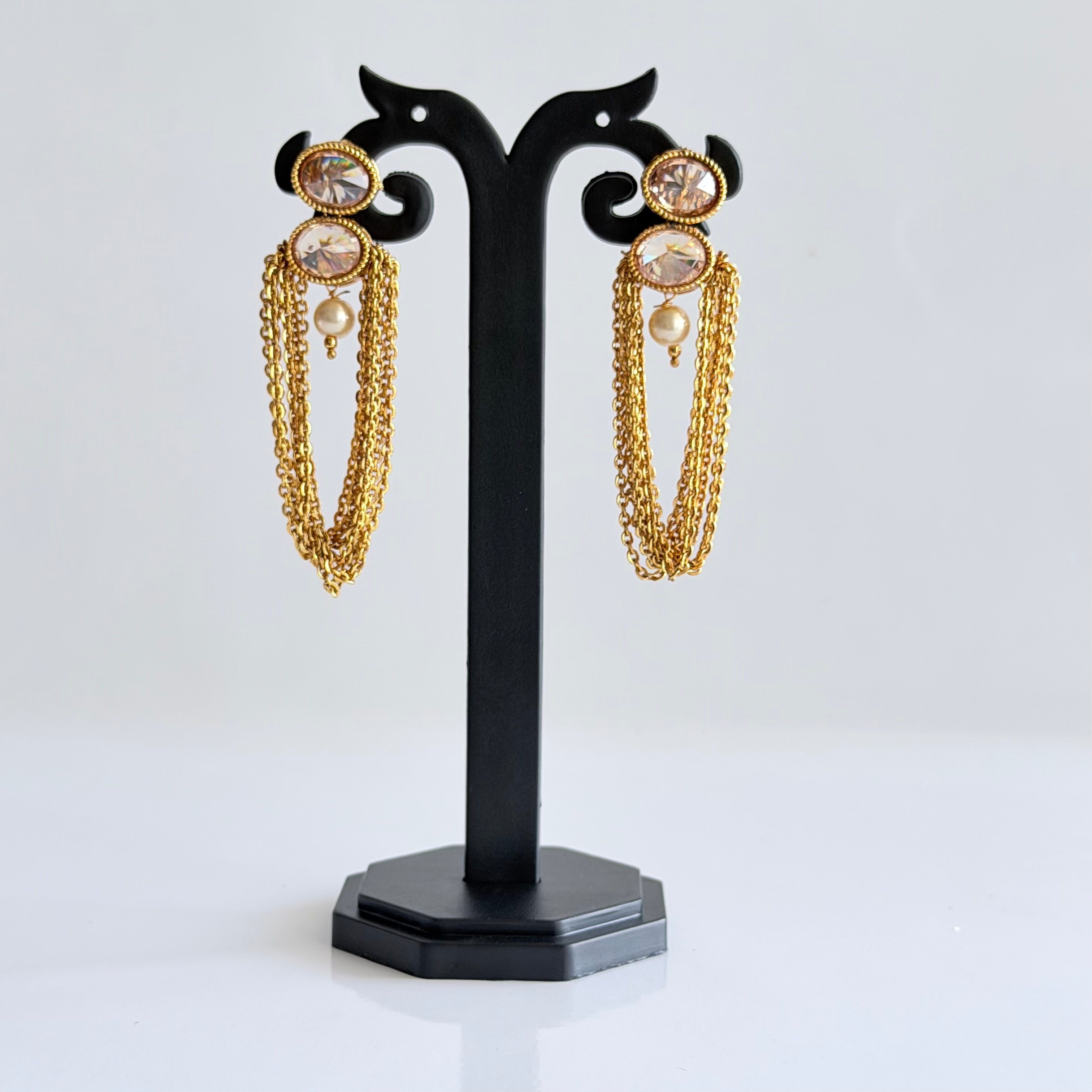 Crystal Pearl Gold Tassel Earrings