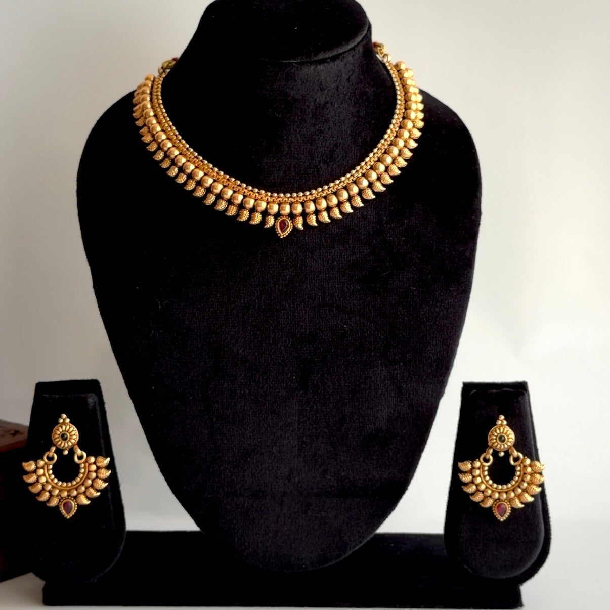 Antique Gold Temple Necklace & Chandbali Earrings Set