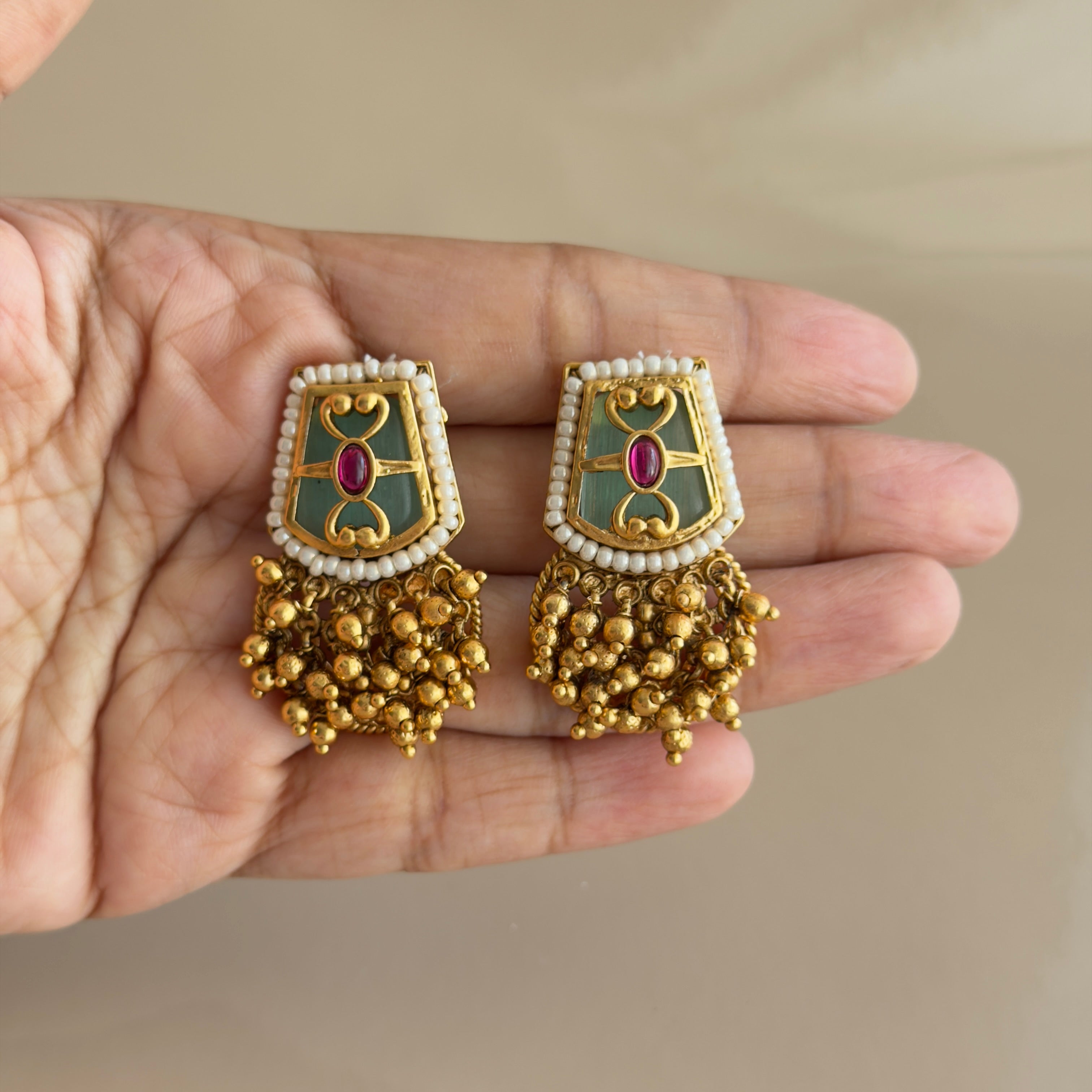 Antique Gold Meenakari Necklace Set with Ghungroo Earrings