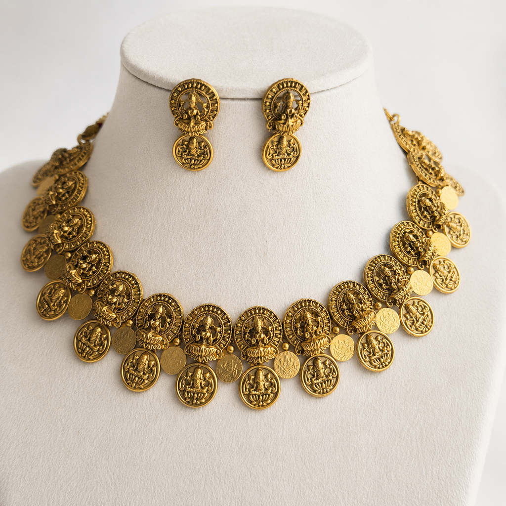 Lakshmi Coin Temple Necklace Set with Earrings