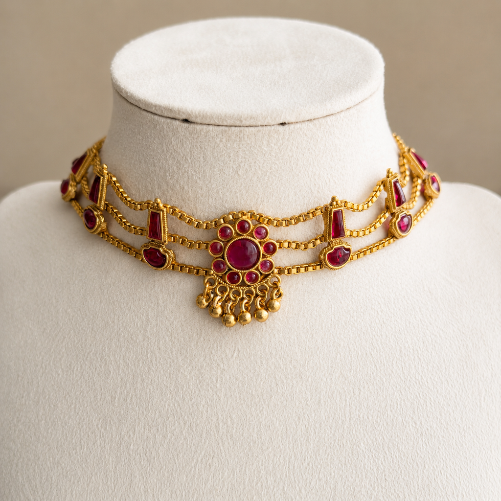 Ruby Kemp Floral Choker Necklace & Stud Earrings Set with Gold Bead Drops