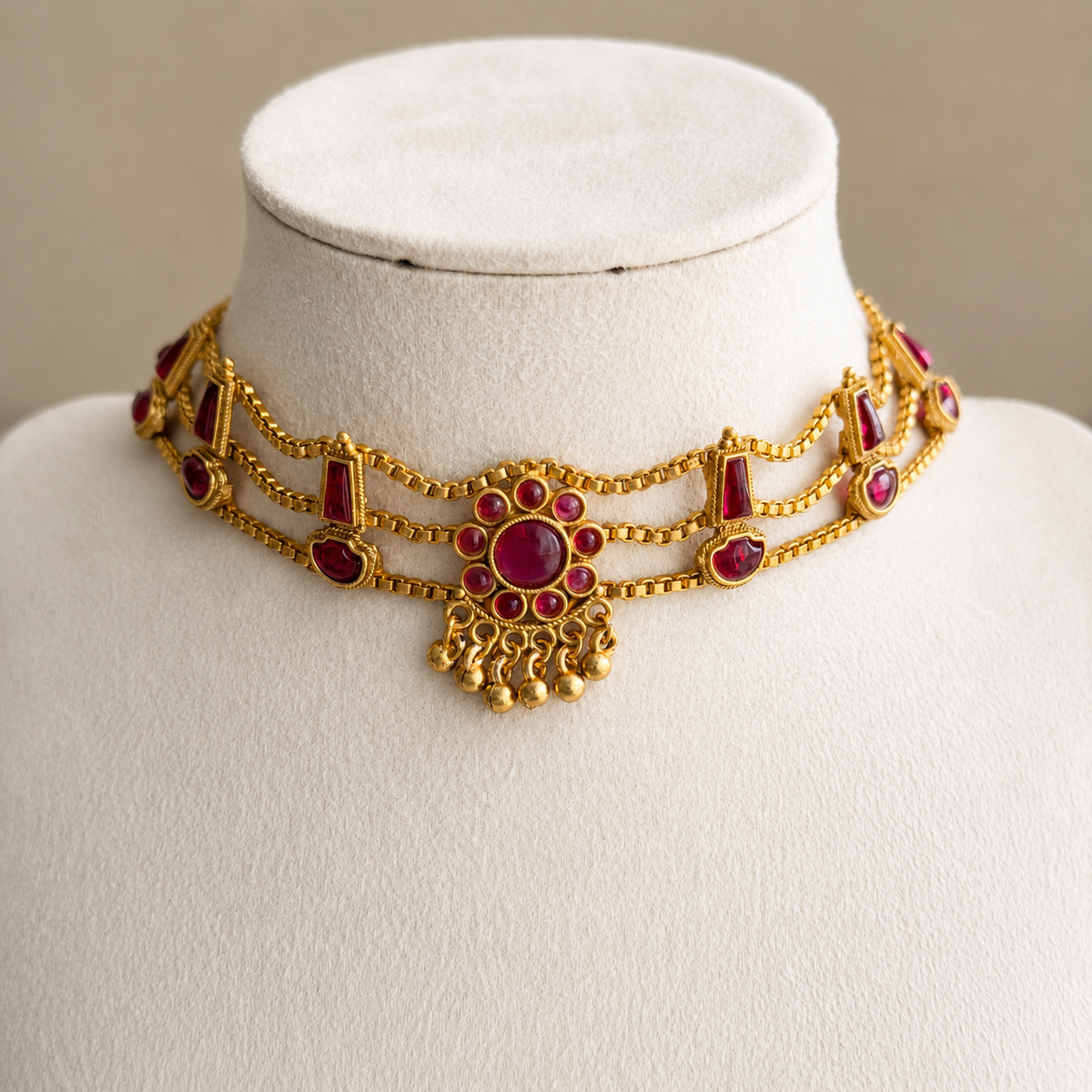 Ruby Kemp Floral Choker Necklace & Stud Earrings Set with Gold Bead Drops