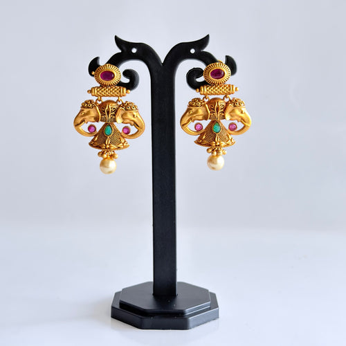 Antique Gold Elephant Jhumka Earrings with Ruby & Emerald Kemp