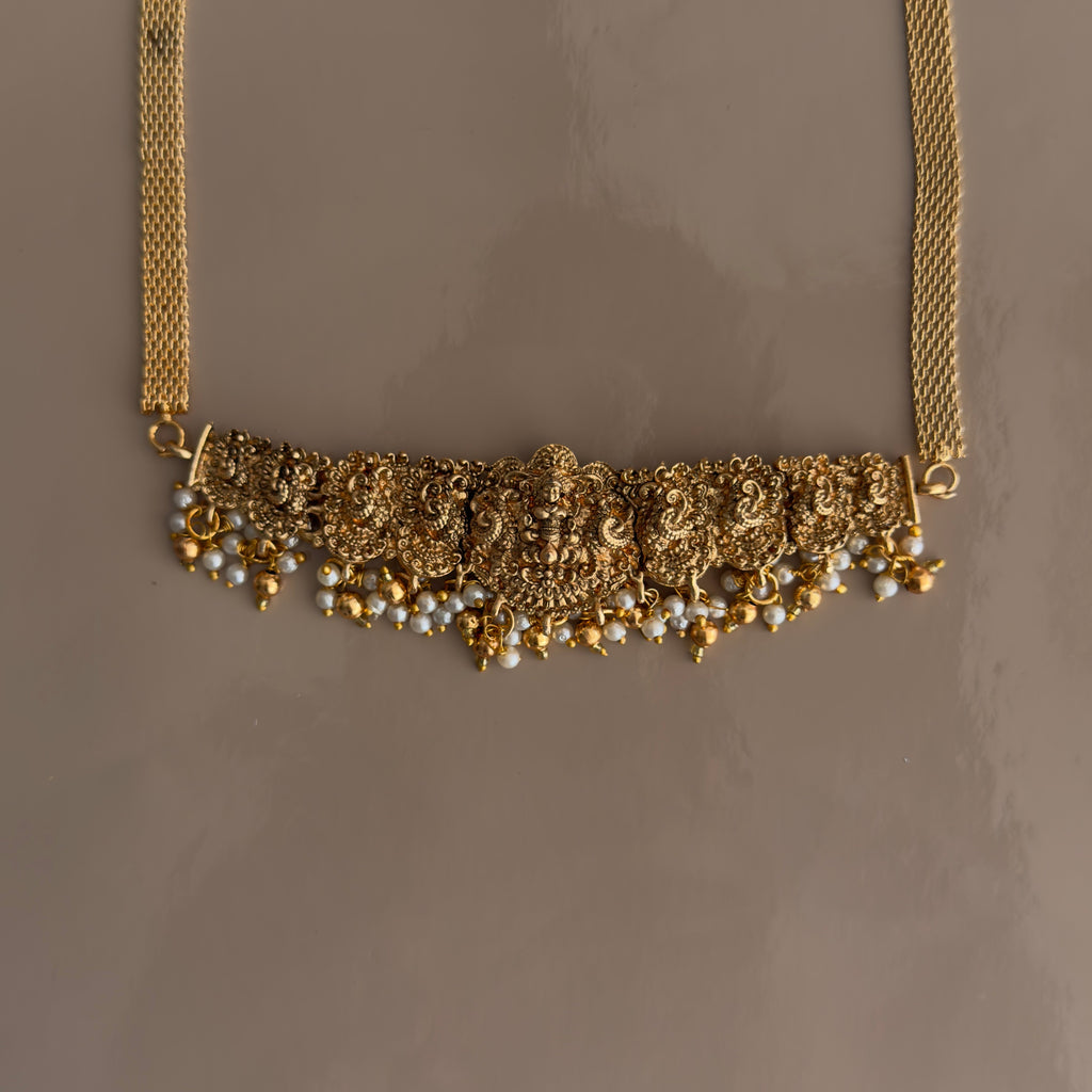 Lakshmi Nakshi Choker Necklace & Jhumka Earrings Set with Pearl Drops
