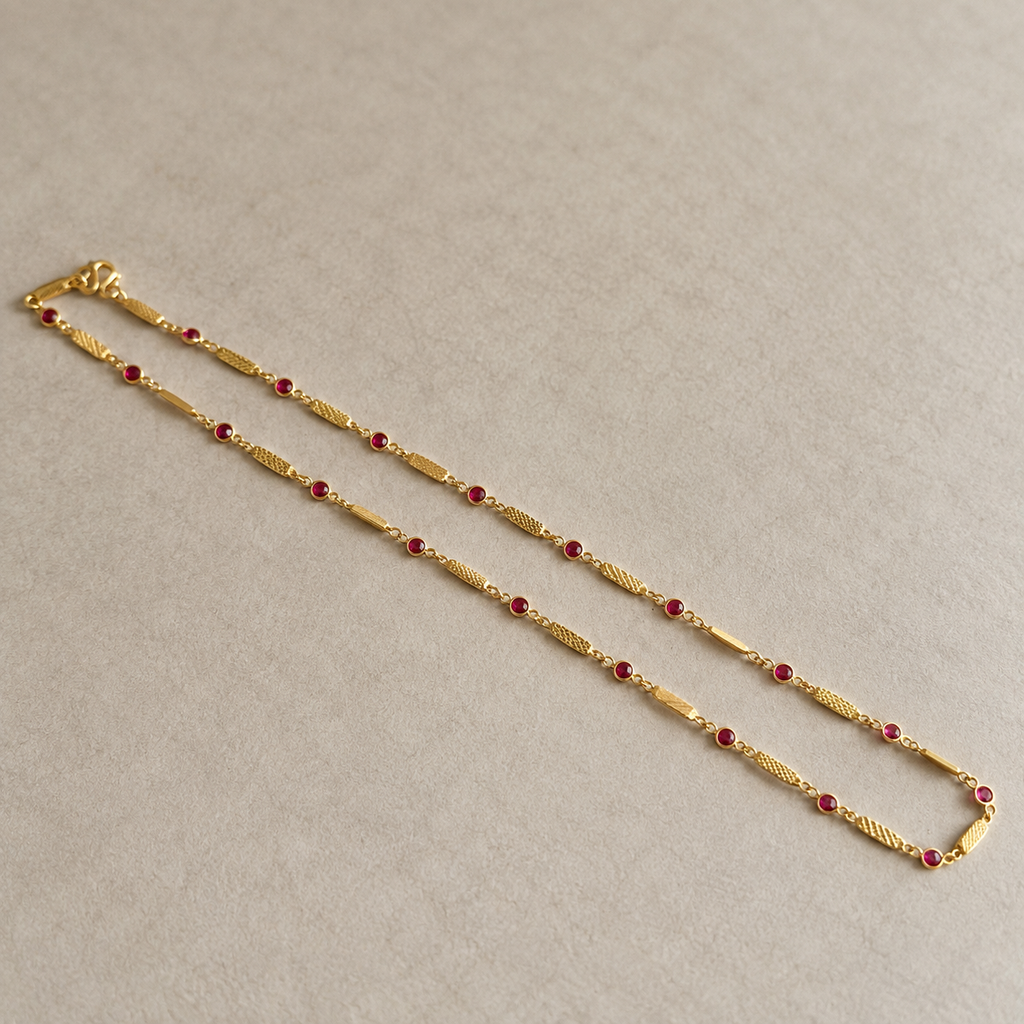 Gold Ruby Red CZ Station Chain Necklace