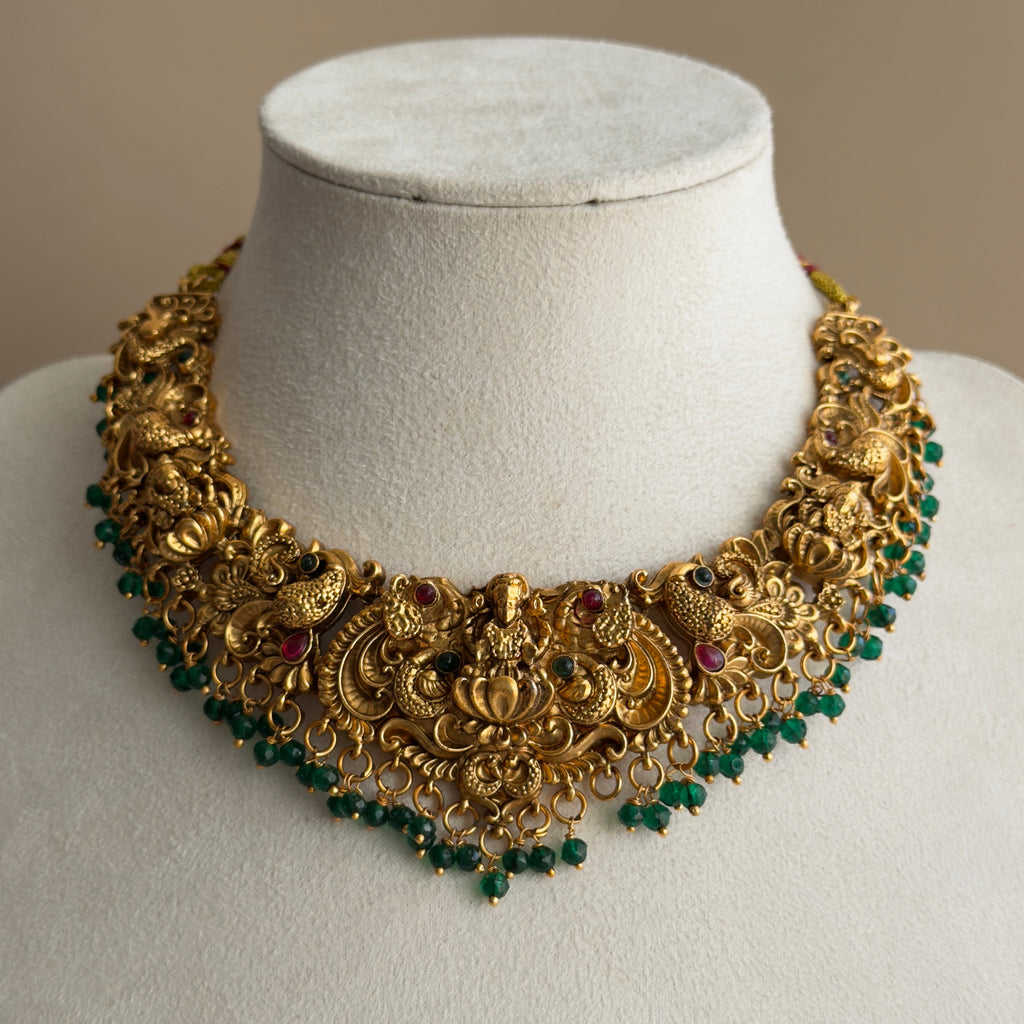 Lakshmi Peacock Nakshi Temple Necklace & Jhumka Earrings Set with Emerald Bead Drops