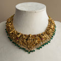 Lakshmi Peacock Nakshi Temple Necklace & Jhumka Earrings Set with Emerald Bead Drops