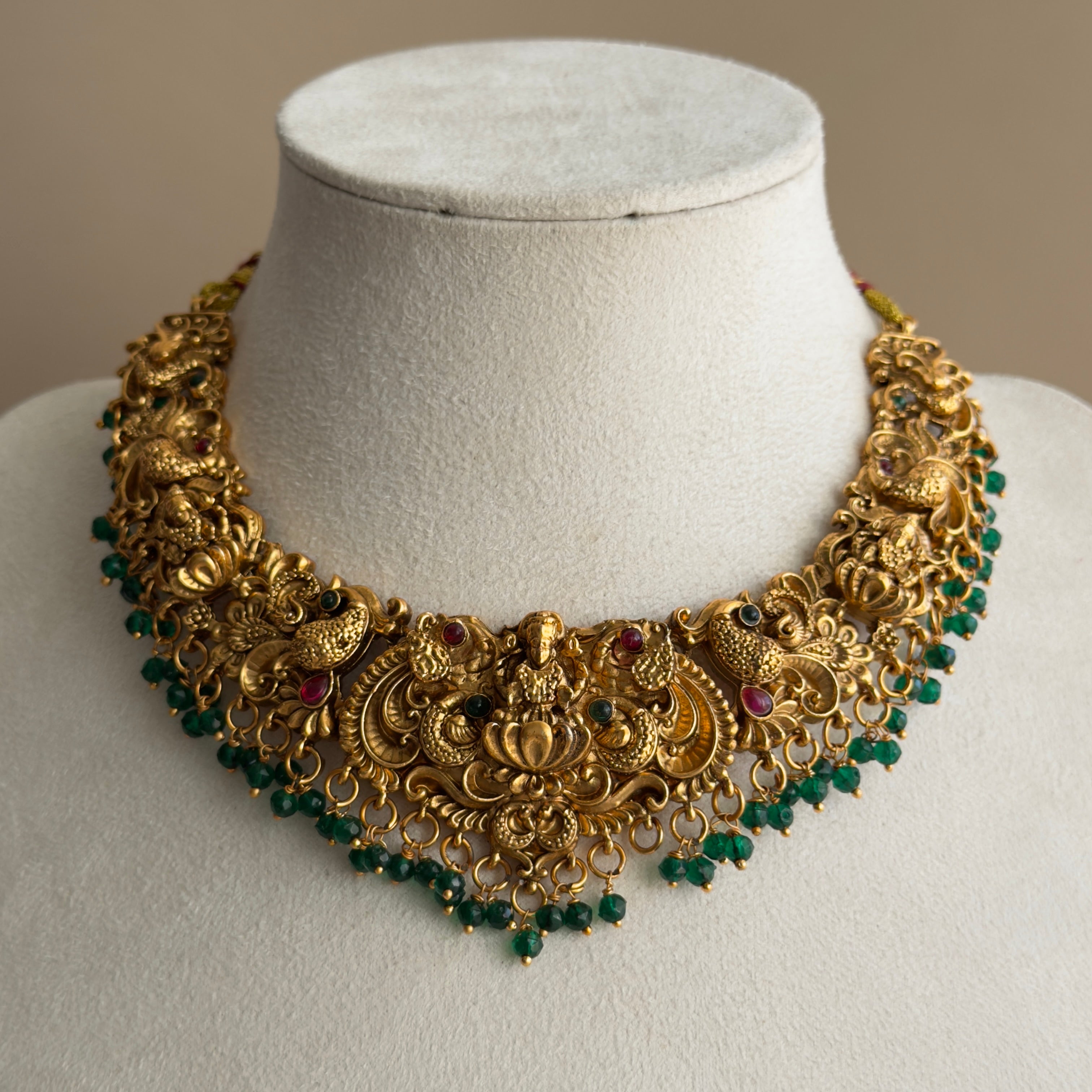 Lakshmi Peacock Nakshi Temple Necklace & Jhumka Earrings Set with Emerald Bead Drops