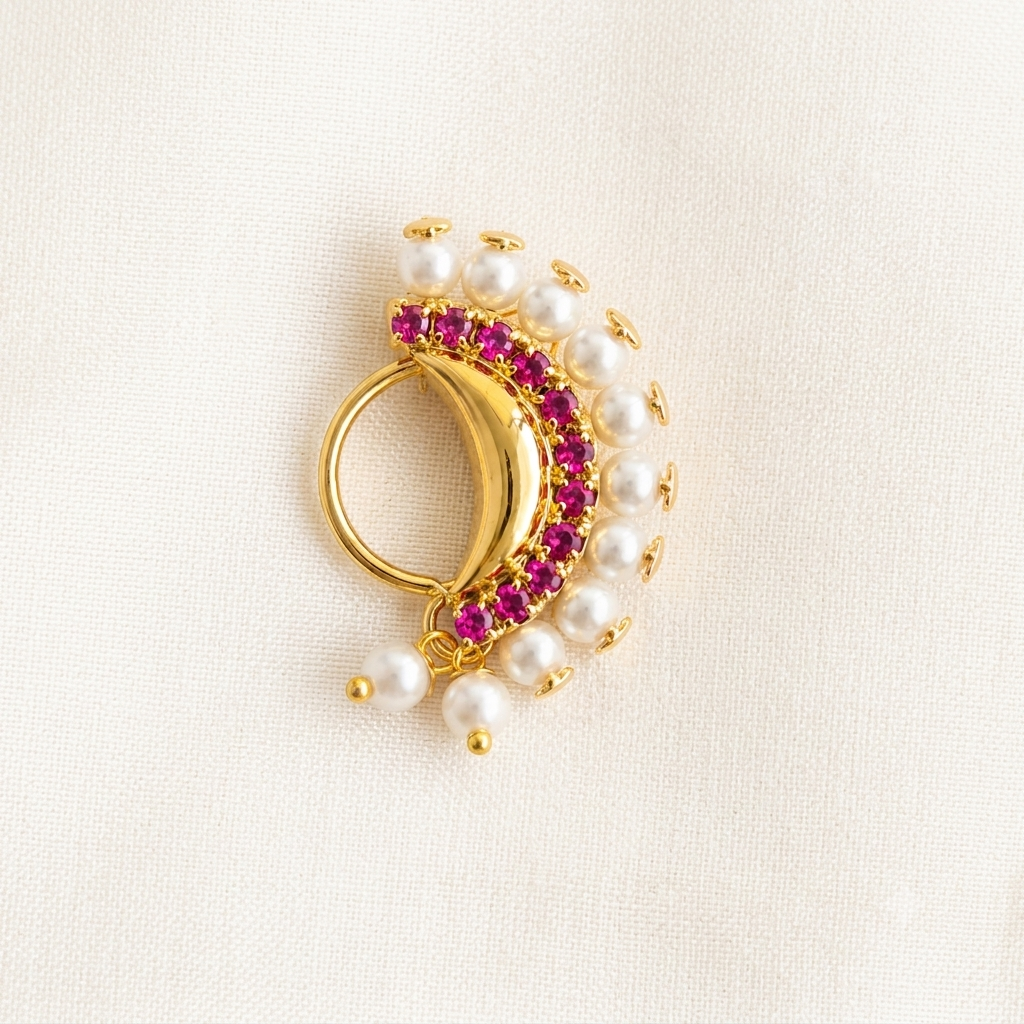 Pearl & Ruby Embellished Gold Ring