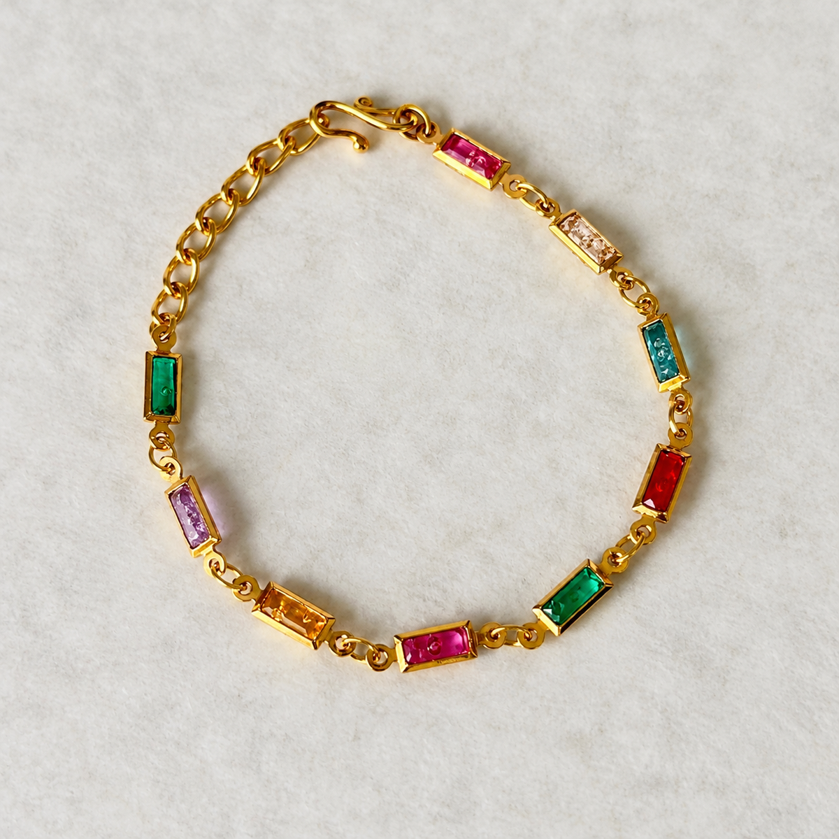 Gold Chain Bracelet with Multicolour Baguette Crystals