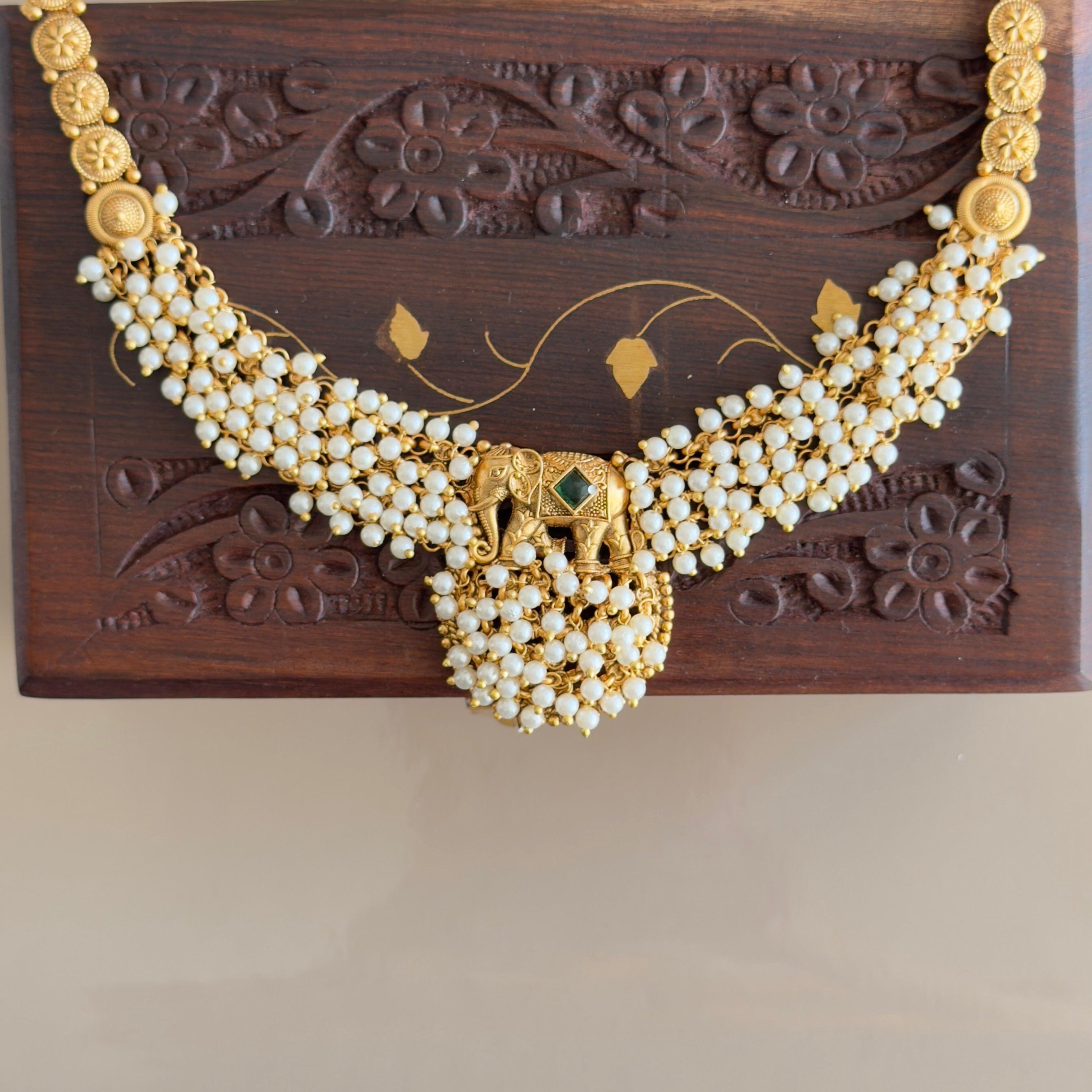 Antique Gold Temple Elephant Pearl Necklace Set with Earrings