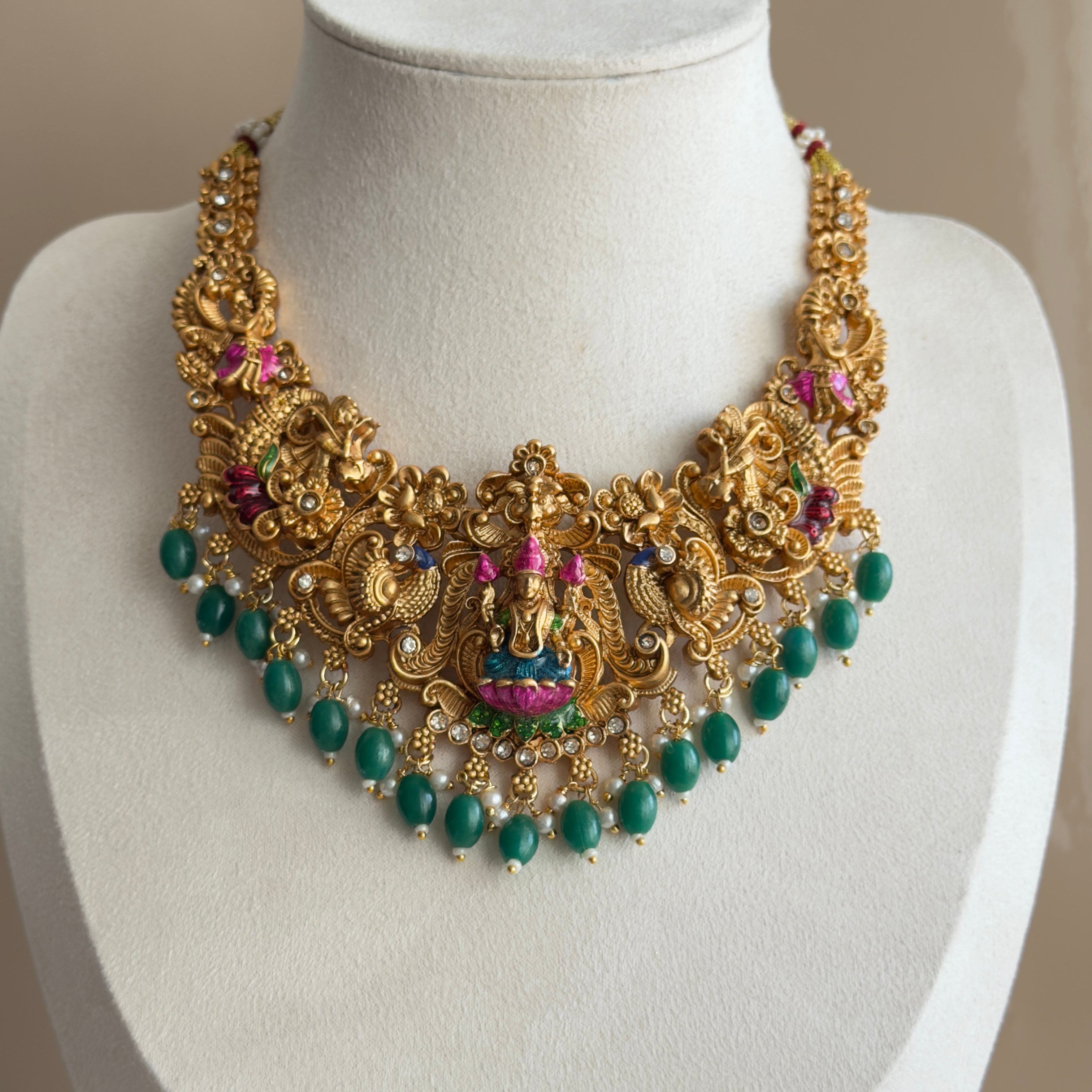 Lakshmi Temple Jhumka Necklace Set with Emerald Green Beads