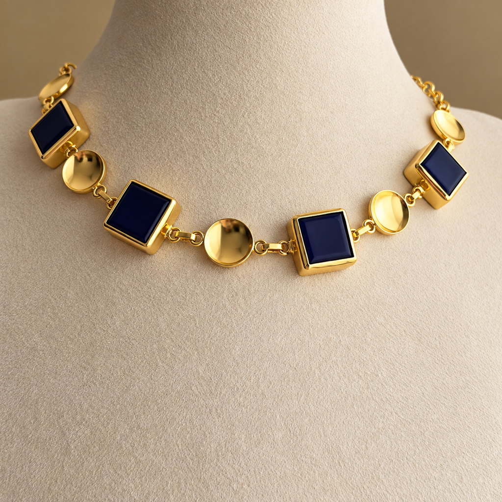 Navy Blue Geometric Enamel Necklace & Earrings Set