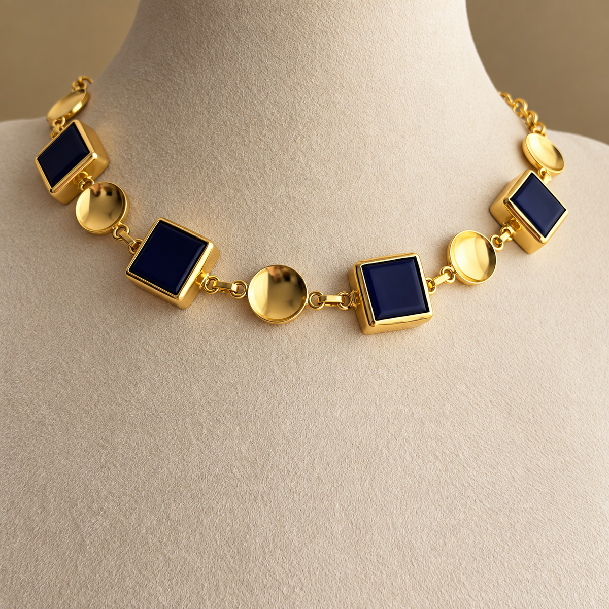 Navy Blue Geometric Enamel Necklace & Earrings Set