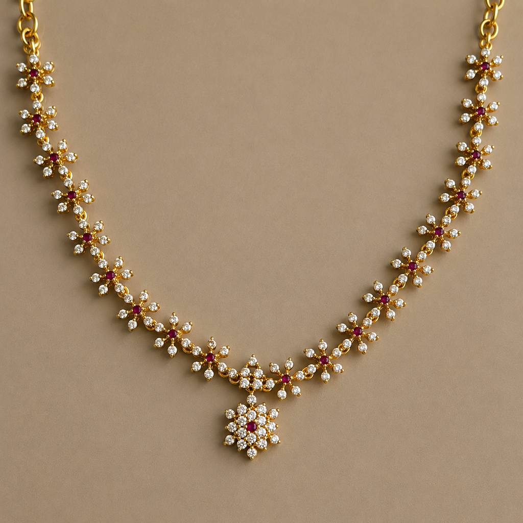Ruby CZ Flower Necklace Set with Earrings