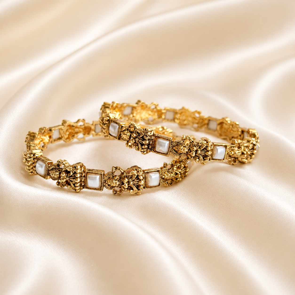 Antique Gold Lakshmi Temple Bangle Set with Pearl Inlay
