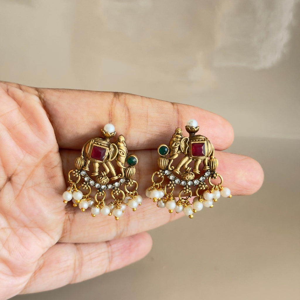 Antique Elephant Temple Necklace Set with Pearl Drops