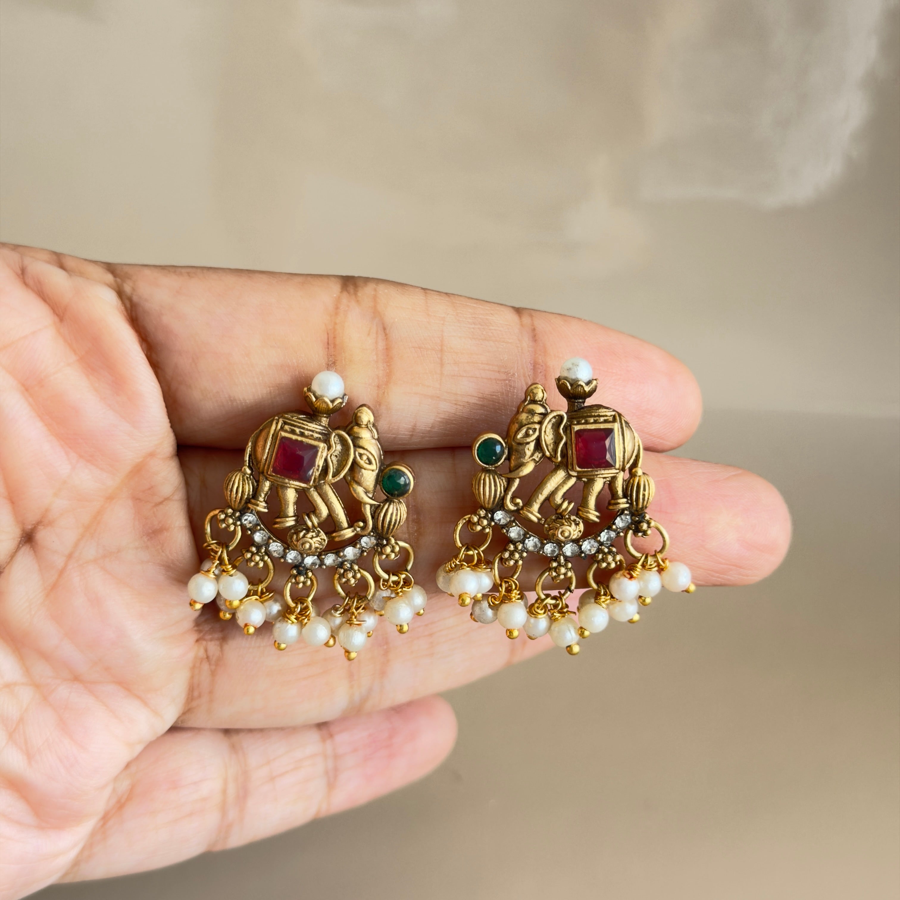Antique Elephant Temple Necklace Set with Pearl Drops