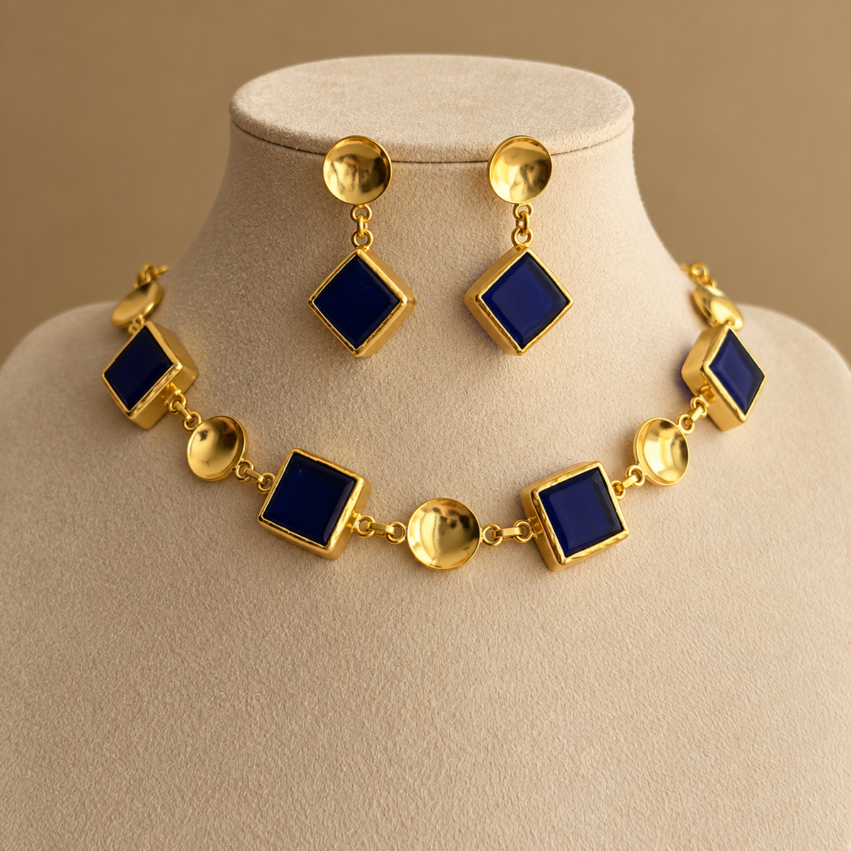 Navy Blue Geometric Enamel Necklace & Earrings Set