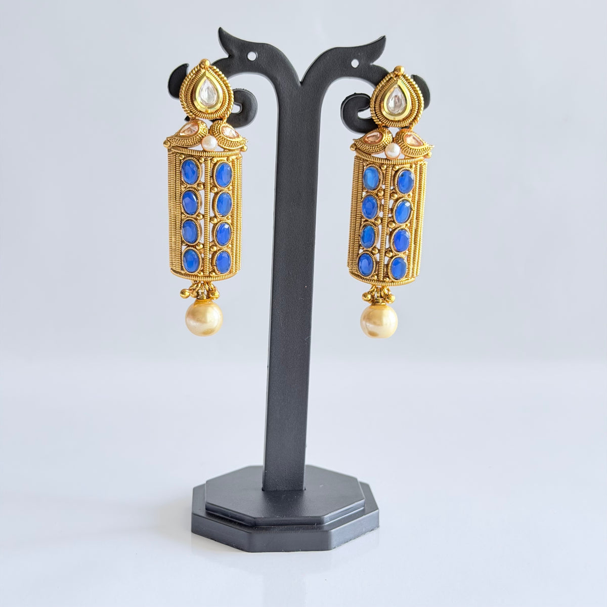 Royal Blue Kundan Rectangular Drop Earrings