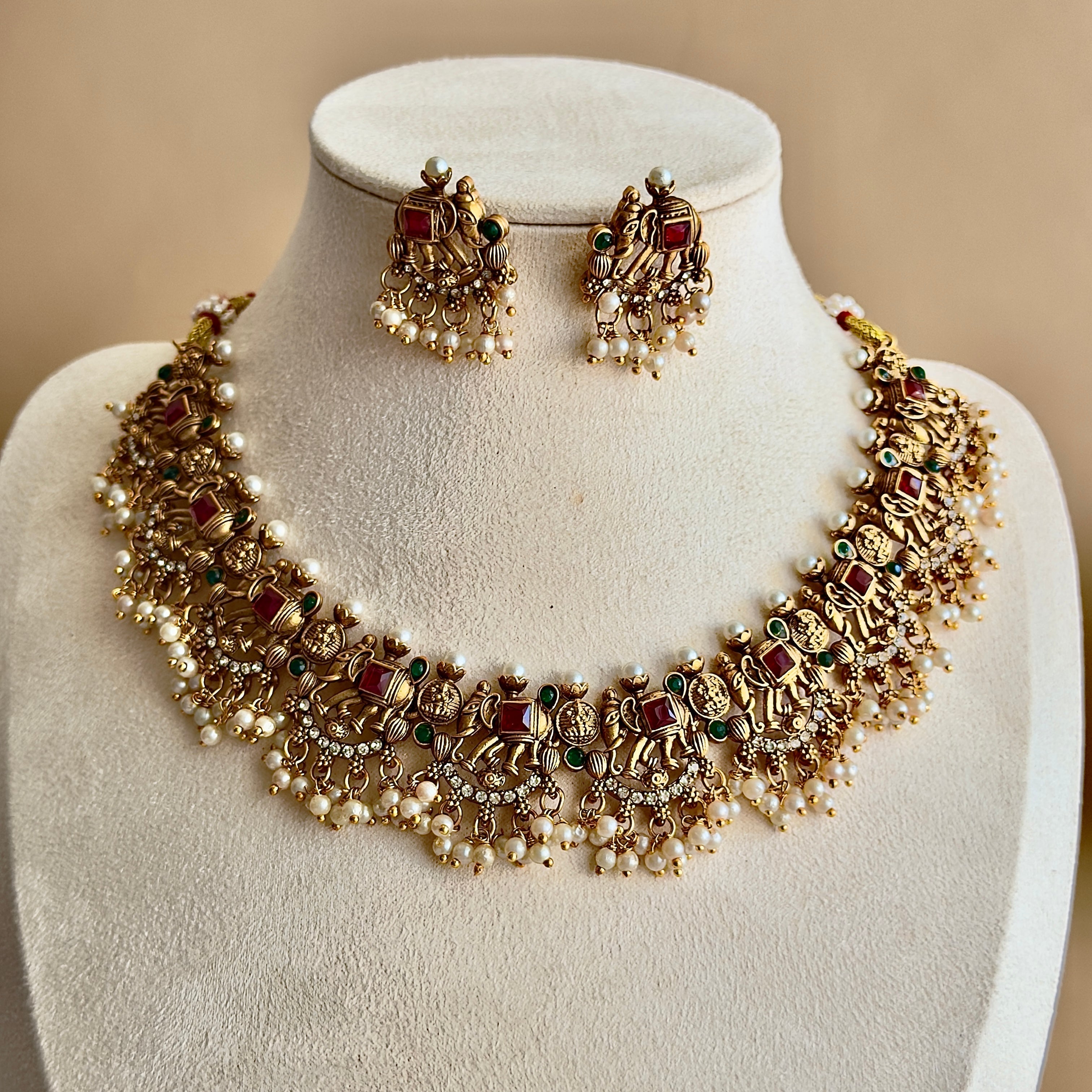 Antique Elephant Temple Necklace Set with Pearl Drops