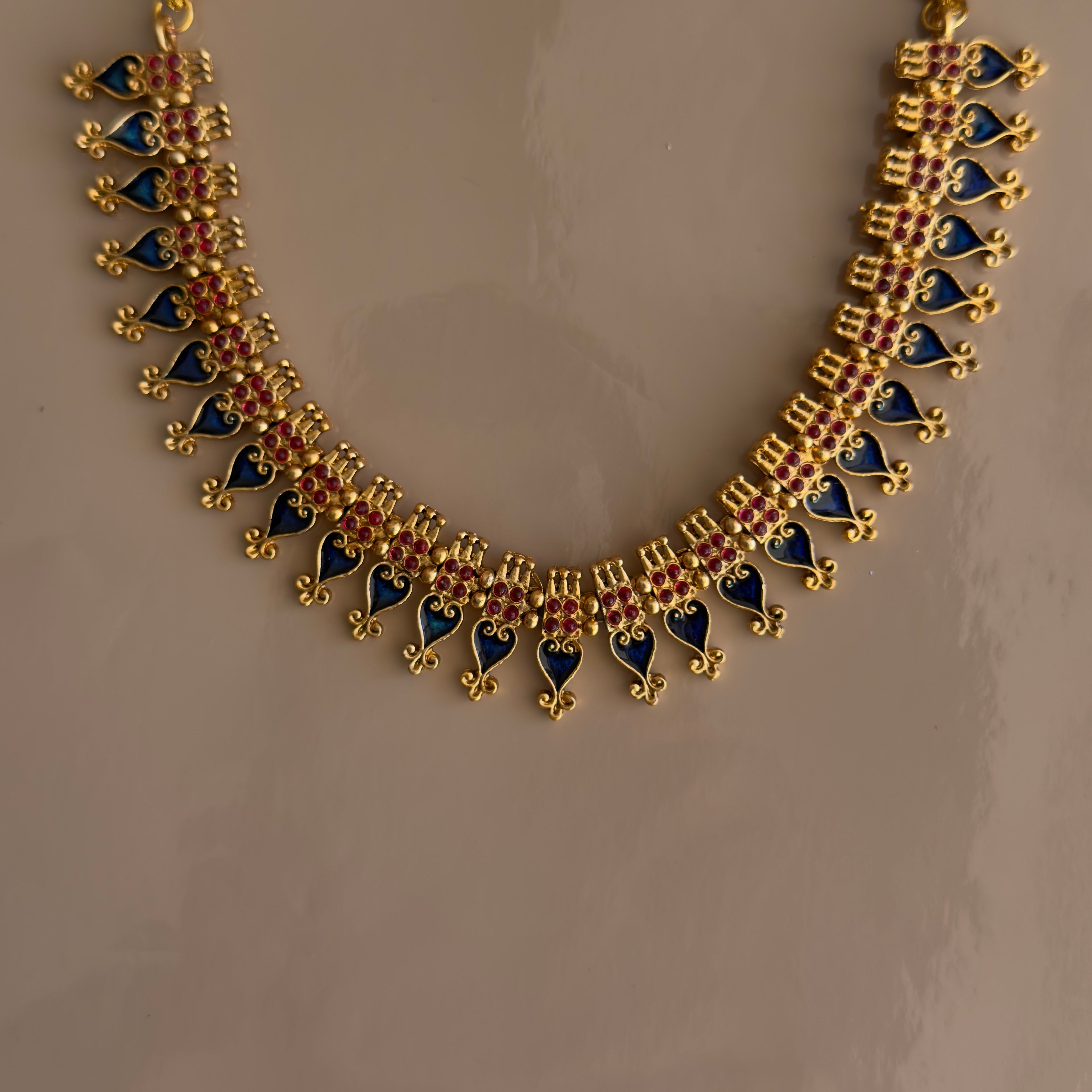 Blue Enamel Kemp Ruby Temple Necklace & Earrings Set