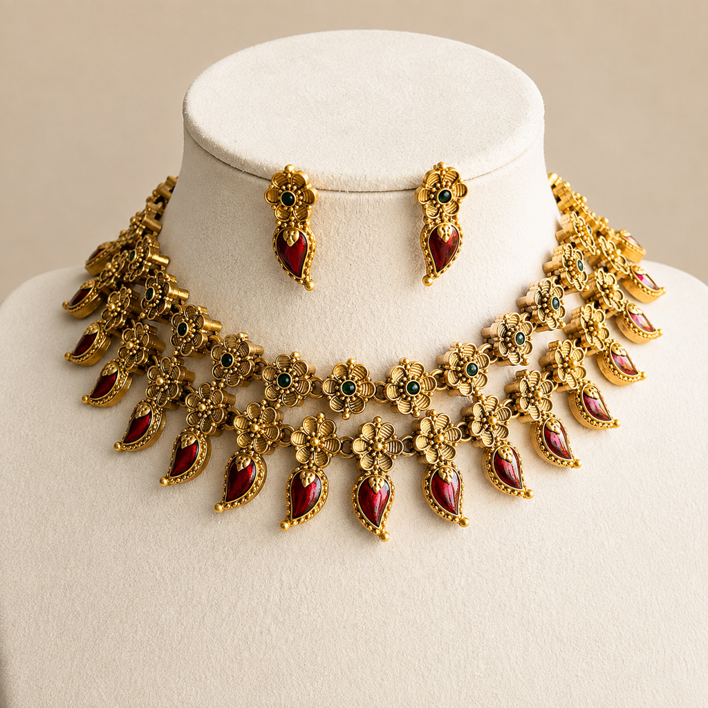 Antique Gold Floral Ruby Kemp Drop Necklace & Earrings Set