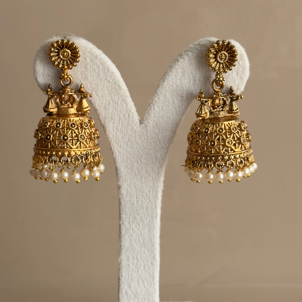 Antique Gold Temple Jhumka Earrings with Pearl Drops