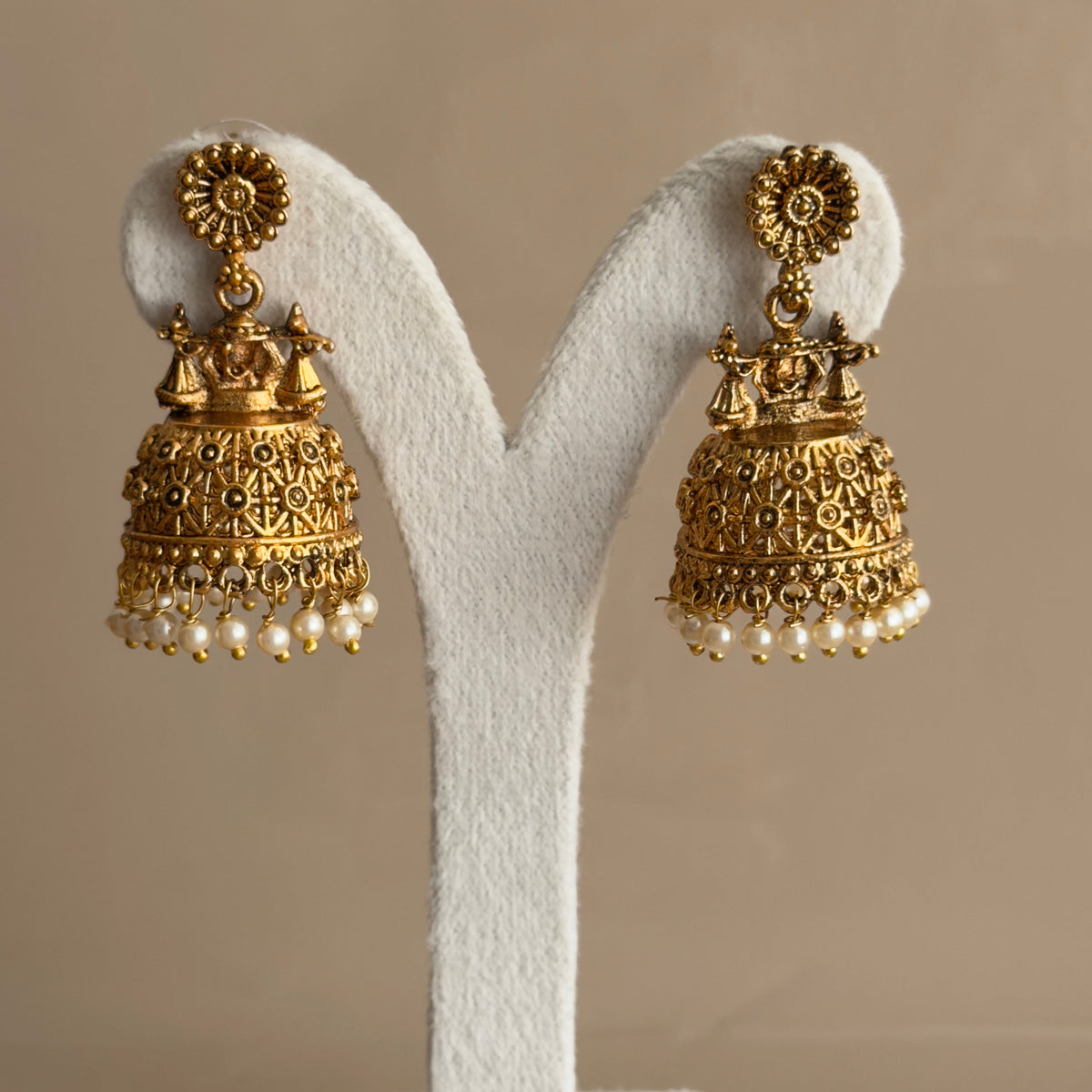 Antique Gold Temple Jhumka Earrings with Pearl Drops