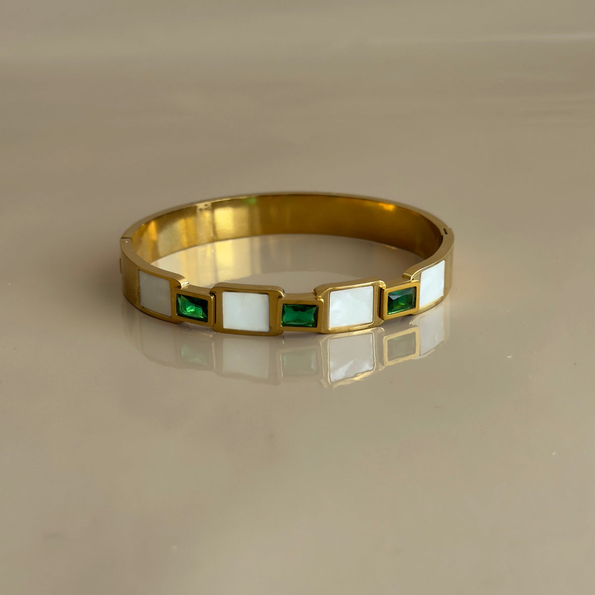 Gold Mother of Pearl & Emerald Clip-On Bracelet