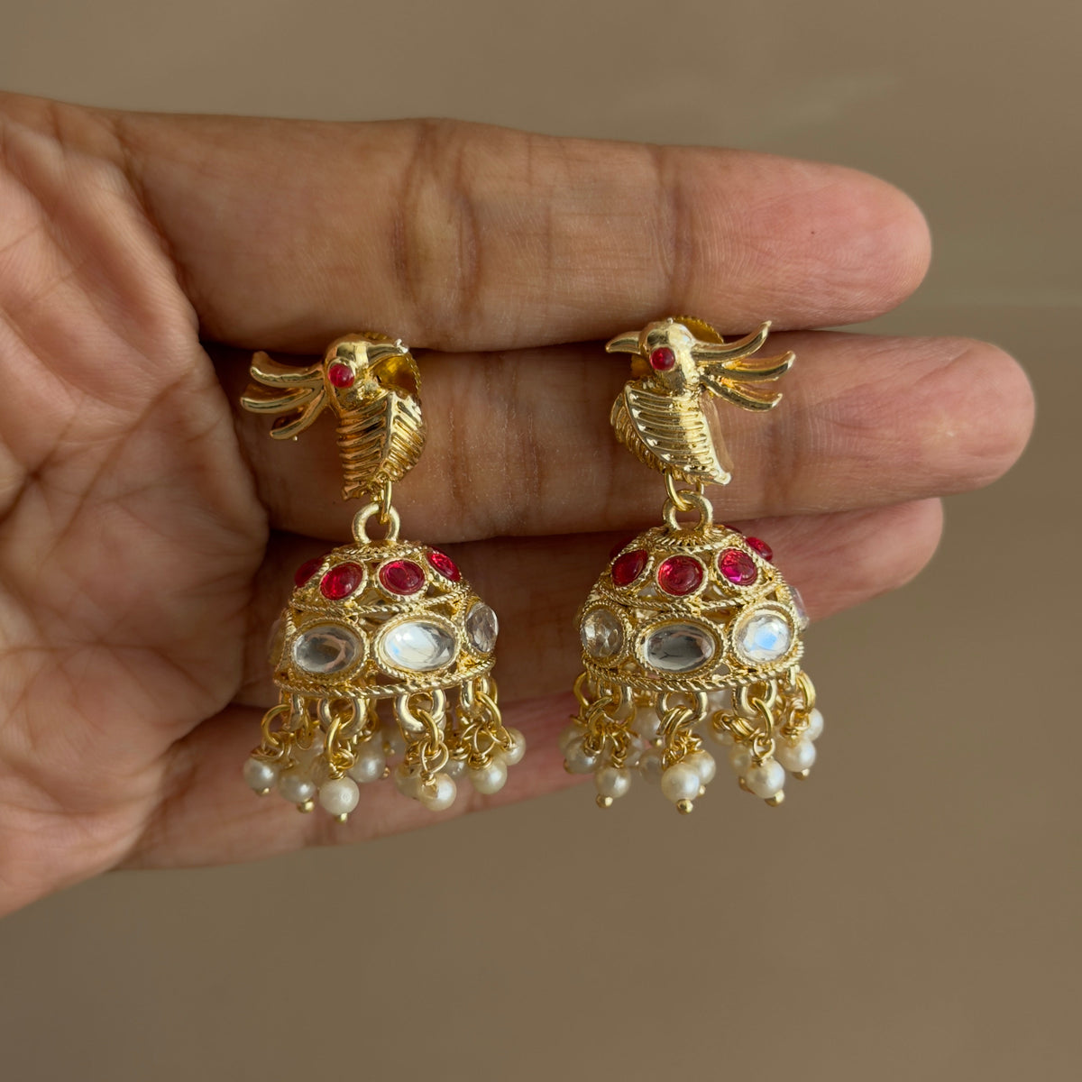 Parrot Motif Kundan Jhumka Earrings