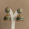 Temple Goddess Jhumka Earrings with Emerald Green Beads