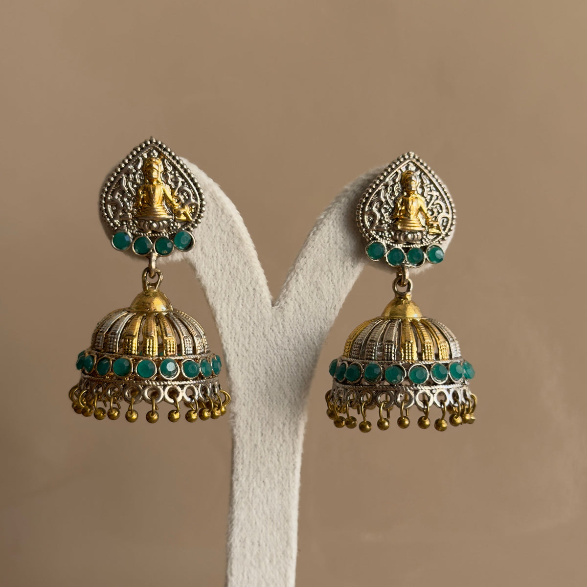 Temple Goddess Jhumka Earrings with Emerald Green Beads