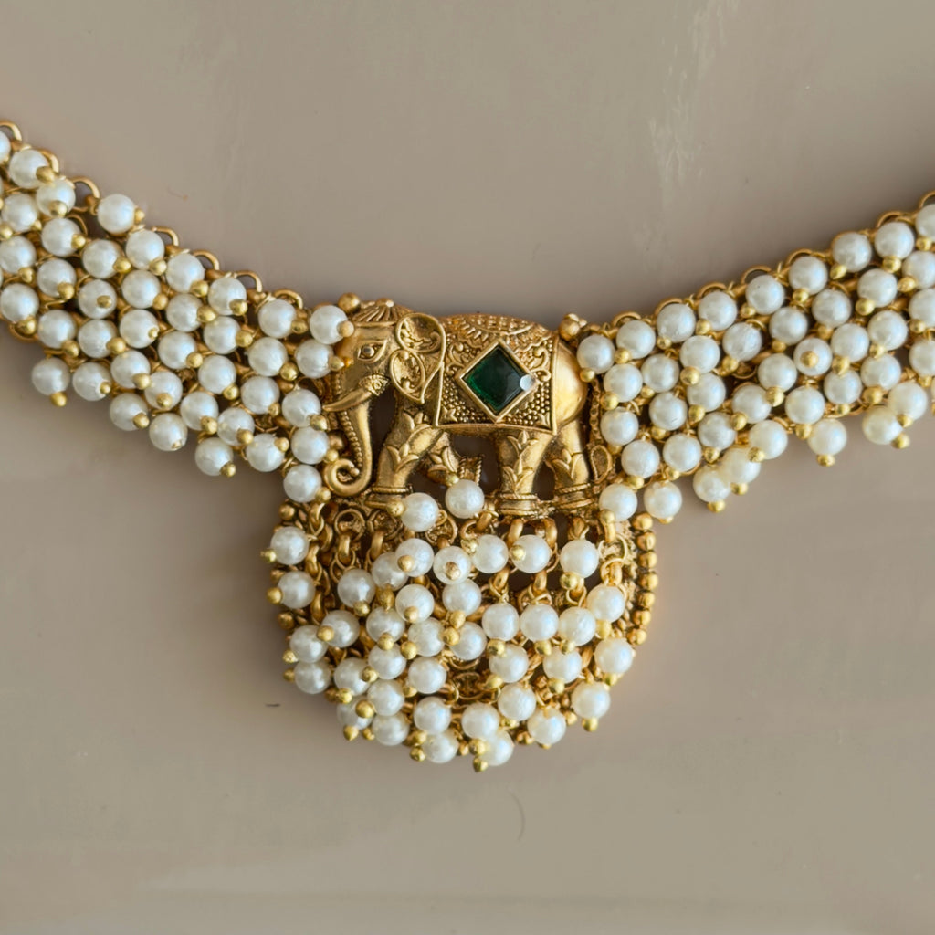 Antique Gold Temple Elephant Pearl Necklace Set with Earrings