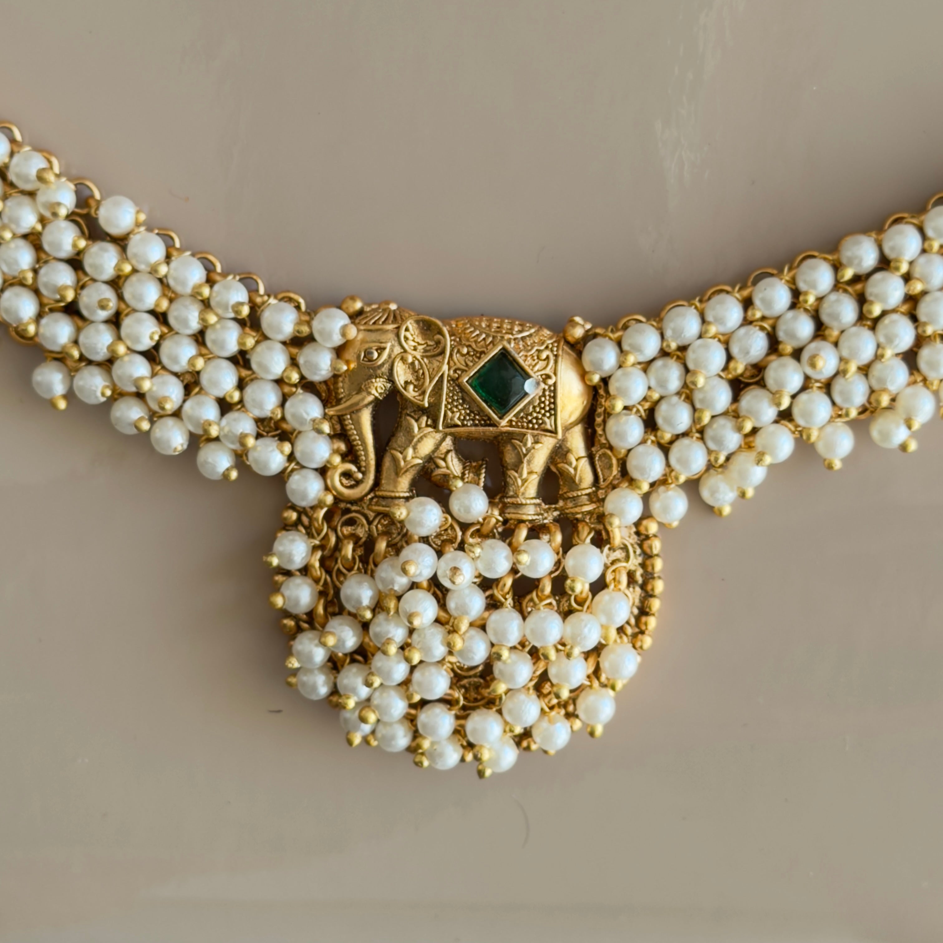 Antique Gold Temple Elephant Pearl Necklace Set with Earrings
